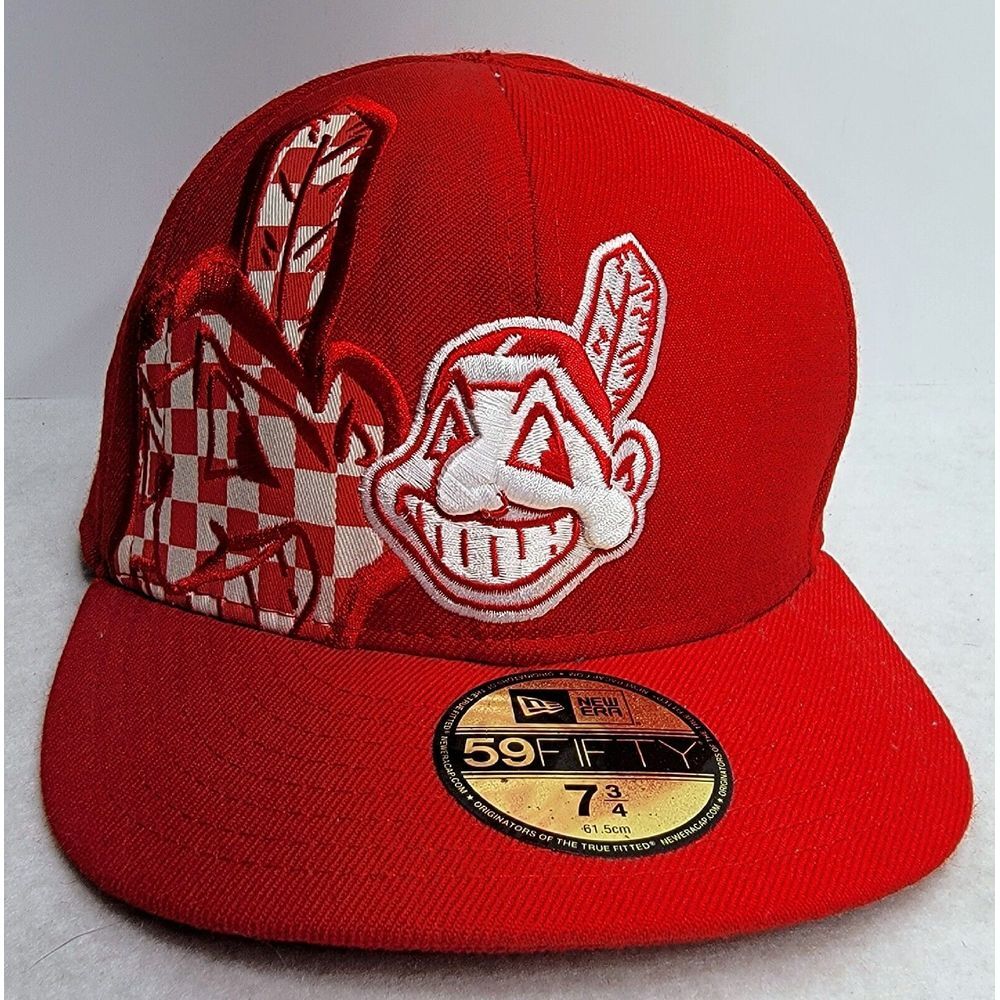 Cleveland Indians Dual Chief Wahoo‎ Hat Cap Fitted 7 3/4 New Era 100% Wool MLB